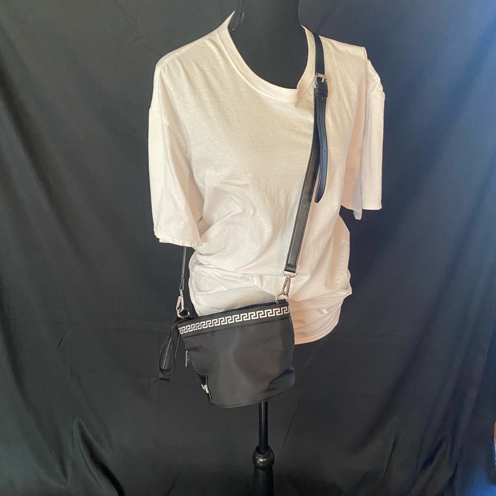 Versace Parfume mini bucket bag with drawstring closure.